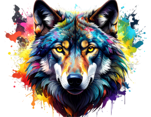 3D Stylized Wolf Head with Vibrant Colors Isolated on Transparent Background PNG