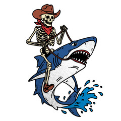 skeleton wearing a cowboy hat and bandana riding a shark old school illustration