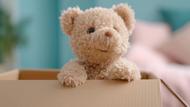 Cute brown teddy bear peeking up from a cardboard box, symbol of childhood items packed for moving to a new home footage.