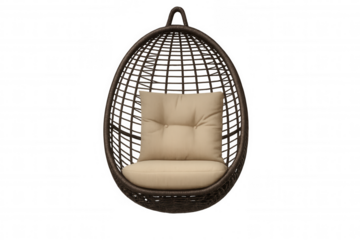 Hanging wicker chair with plush beige cushions providing cozy seating against clean white backdrop