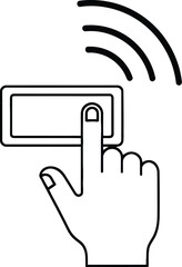 Hand pressing doorbell button sending out wireless signal for communication.