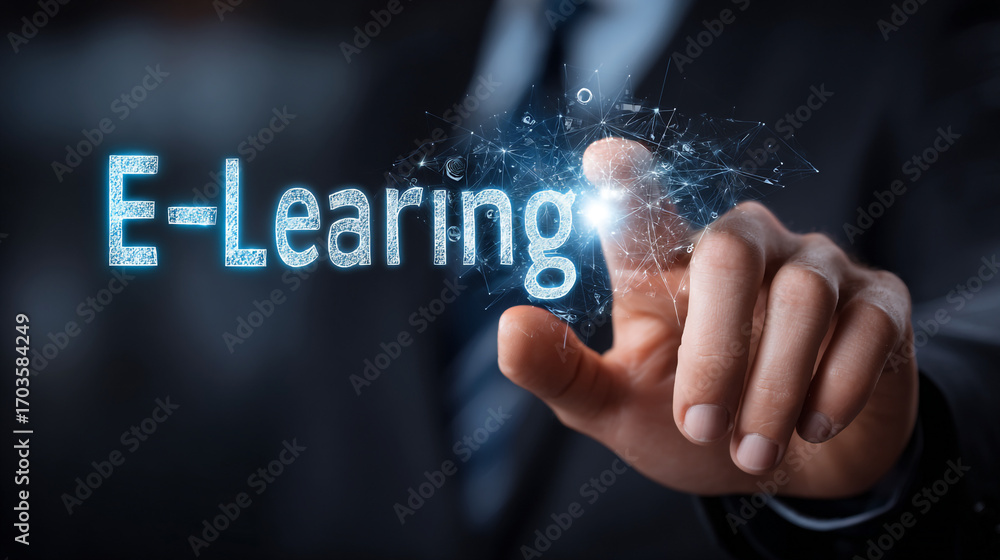 Aufkleber hand interacting with digital e learning text network connection