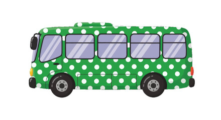 Whimsical green bus with white polka dots for fun travel.
