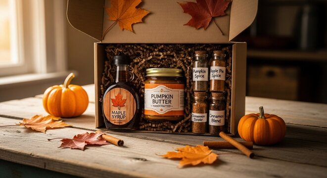 Autumnal gift box filled with maple syrup, pumpkin butter, and spices, surrounded by mini pumpkins and fall leaves on a rustic wooden table