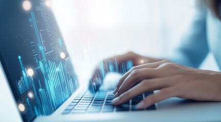 Professional hands typing on laptop with holographic data visualization charts overlay.