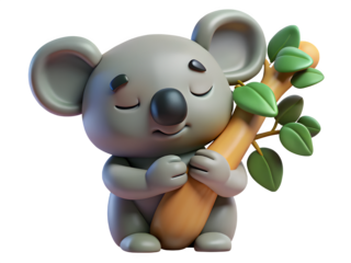 Cute cartoon koala hugging a tree branch with green leaves