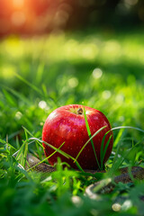 Red apple with snake in sunlight on green grass, symbolic concept of forbidden fruit, temptation, Garden of Eden, mythology, spirituality, danger, sin and organic nature background illustration.