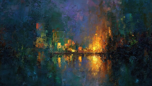 Abstract nocturnal cityscape reflecting in water