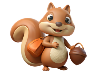 Cute cartoon squirrel holding an acorn and a bag ready for autumn