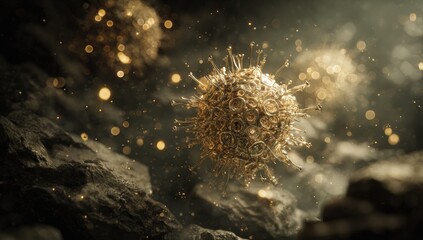 Golden virus hovering over dark rocks