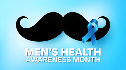 Movember men’s health awareness month concept with black moustache and blue ribbon symbol on white background
