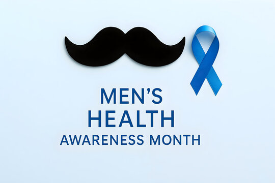 Movember men’s health awareness month concept with black moustache and blue ribbon symbol on white background