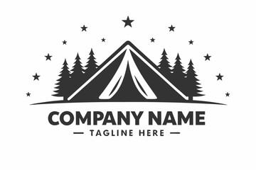 Black silhouette tent stands amid pine trees beneath sparkling stars on a white background