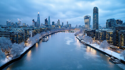 Aerial cityscape view of London with snow covered banks, showcasing modern skyscrapers and river