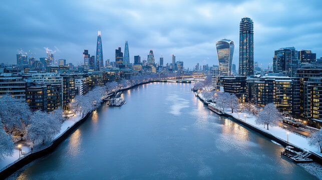 Aerial cityscape view of London with snow covered banks, showcasing modern skyscrapers and river