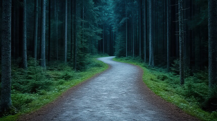 Fototapeta premium Winding forest trail surrounded by tall trees and lush greenery, evoking serene atmosphere