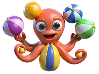 Happy cartoon octopus juggling colorful beach balls with a smile