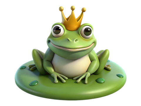 Cute cartoon frog wearing a golden crown sitting on a lily pad