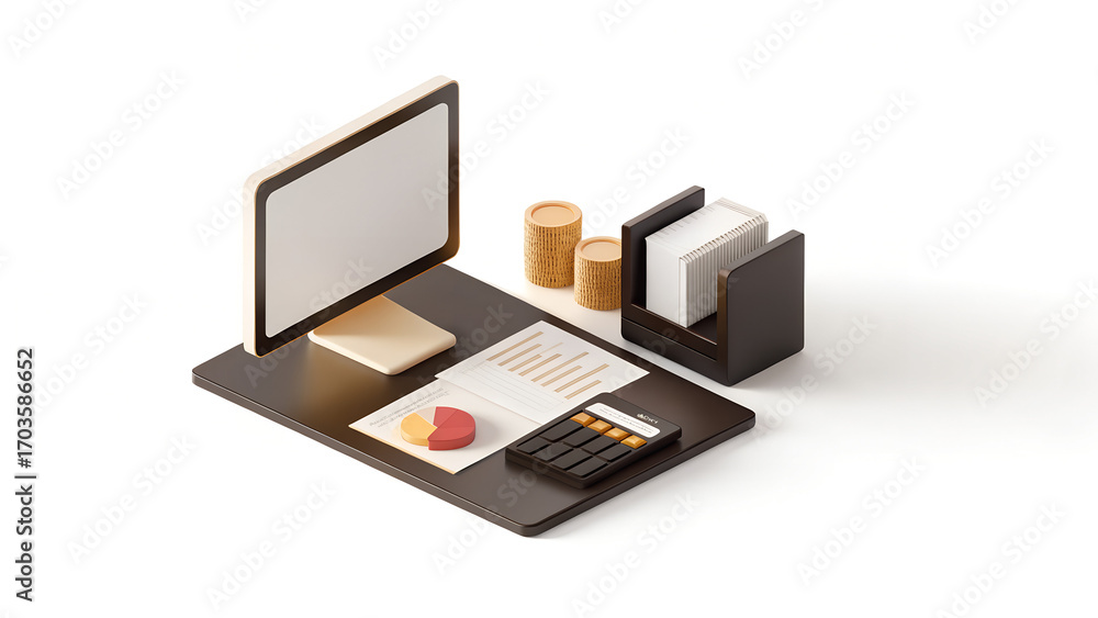 Fototapete isometric 3d rendering of a business desk setup for financial planning and data analysis with charts