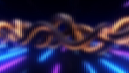Abstract rhythmic dance of light and color golden waves and neon blues blending in harmonious blur with a dark