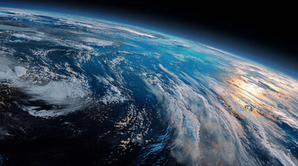 Fototapeta premium Stunning view of Earth from space showing swirling clouds and ocean sunrise