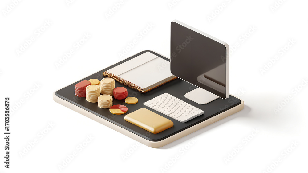Fototapete isometric 3d illustration of a modern digital workspace concept with data visualization charts and g