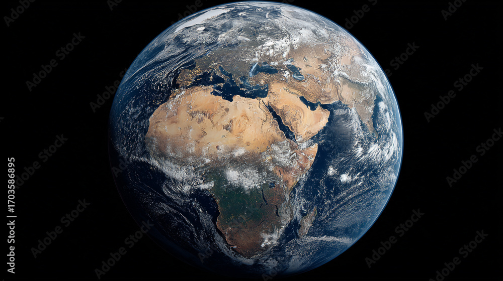 Poster Earth view from space showing Africa Europe and surrounding oceans clouds and weather patterns