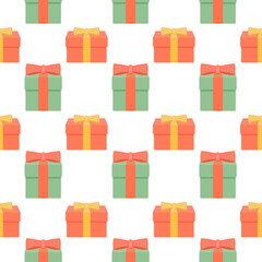 Green and orange gift box with bow on white background. Seamless Christmas and New Year pattern for packaging and wrapping paper. Birthday ornament for gift bag. Holiday print for cover.