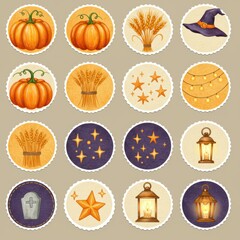 Halloween and autumn themed circular stickers with pumpkins, stars, and lanterns, isolated on white background
