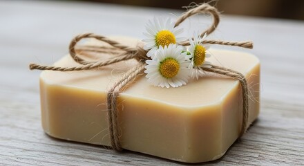 Rustic Soap Bar Adorned with Daisies and Jute Twine on Weathered