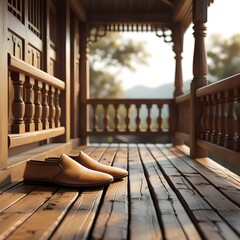 A cozy, simple wooden veranda stretches out into the afternoon light, a picture of tranquil domesticity. The floorboards, weathered and grayed by time, are scuffed and grooved in places