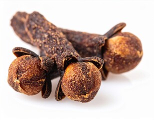 Detailed Close Up of Two Brown Cloves on White Background in Studio Light