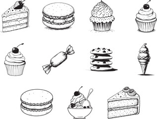 Sweet Delights: A collection of hand-drawn desserts, featuring a slice of cake, macaron, cupcake, candy, cookies, and ice cream. These illustrations evoke a sense of nostalgia and culinary delight.