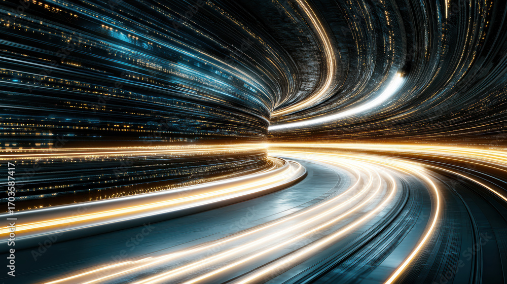 Poster flowing data pipelines depicted as light trails in dynamic, futuristic setting