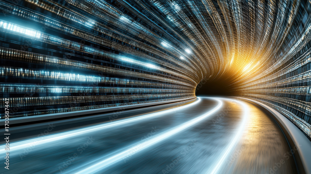 Poster futuristic tunnel with flowing light trails and glowing elements creates sense of speed