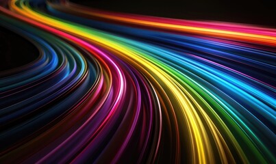 Vibrant, multicolored streaks curve and flow dynamically across a dark background, creating an abstract, energetic composition