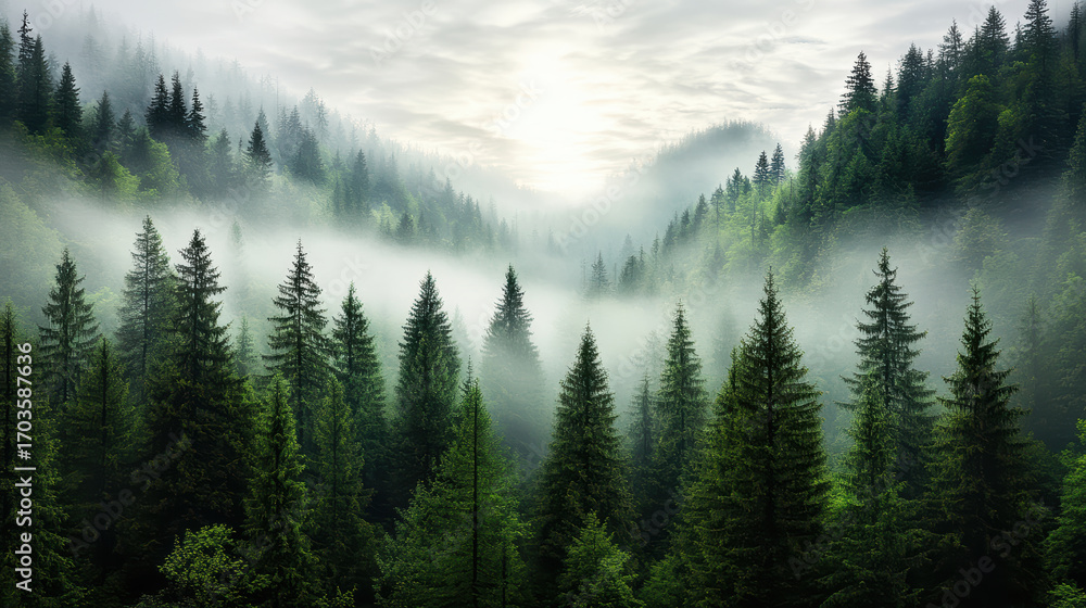 Poster misty forest landscape with tall trees and soft light creating serene atmosphere