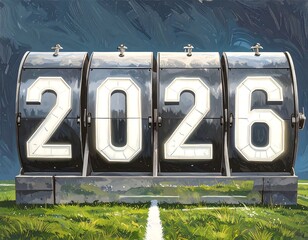 Digital scoreboard year 2026 on a field