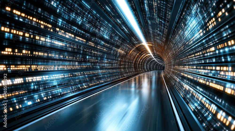 Poster futuristic tunnel with glowing lights and data streams creates sense of speed and motion