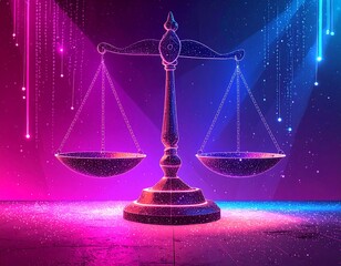 Digital scales of justice in vibrant neon light