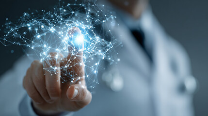 Doctor interacts with digital network glowing nodes and lines healthcare technology