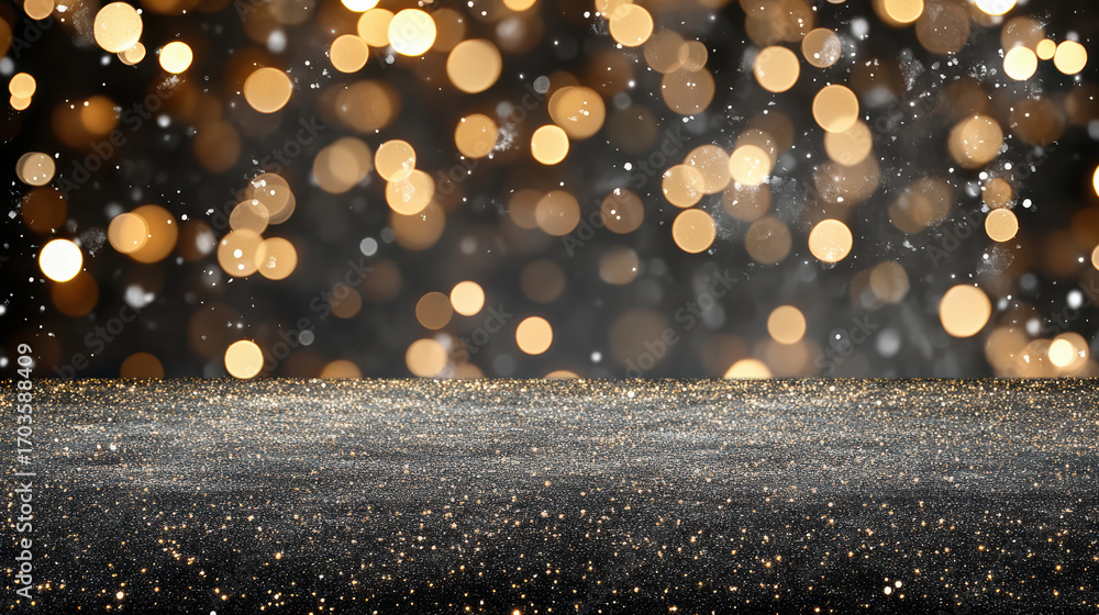 Poster glittering bokeh particles create magical atmosphere over smooth black surface, perfect
