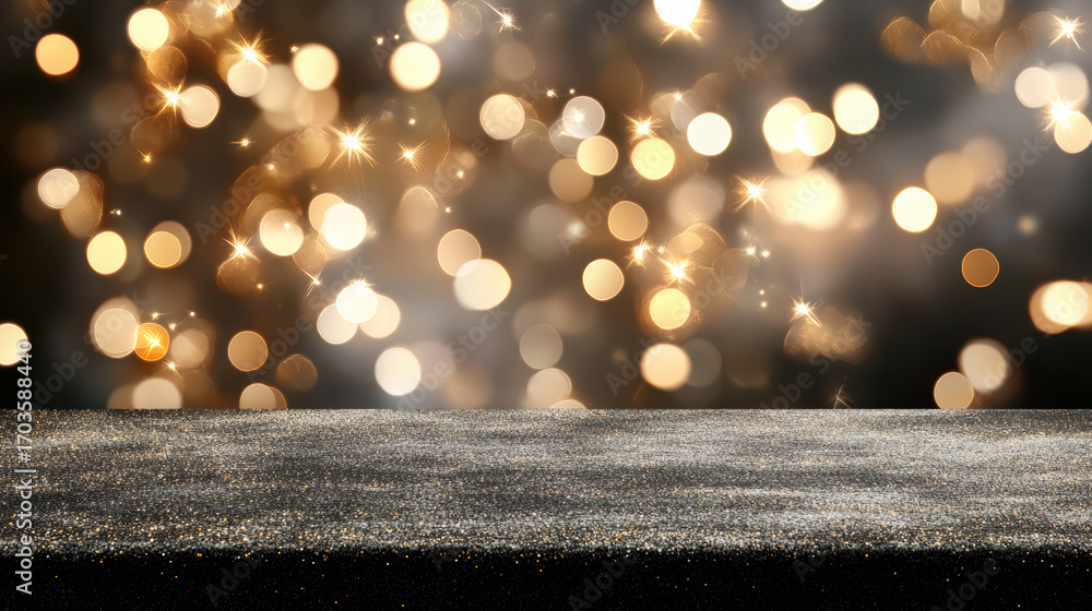 Poster glittering bokeh particles create magical atmosphere over smooth black surface