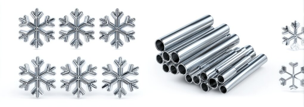 A digital image showcasing a stack of metallic pipes alongside stylized snowflakes, suggesting a concept related to cold temperatures or winter applications for metal piping