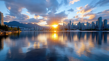 Stunning sunset over urban skyline reflecting on calm water, creating serene atmosphere