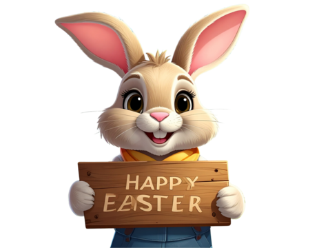 Cartoon Easter Bunny Holding Happy Easter Sign Isolated on Transparent Background PNG