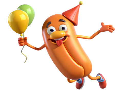 Happy cartoon hot dog character wearing a party hat and holding balloons - Powered by Adobe