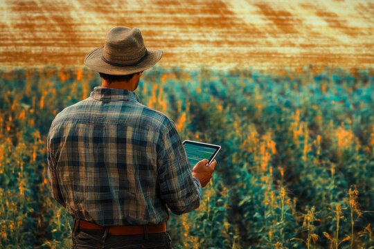 A farmer stands in a lush, green field, checking data on a tablet device as the sun sets, highlighting the importance of technology in farming - Powered by Adobe