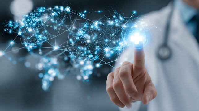 Doctor uses digital technology to connect global healthcare network improving patient care worldwide