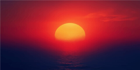 Orange sun on the horizon above the sea at dusk
